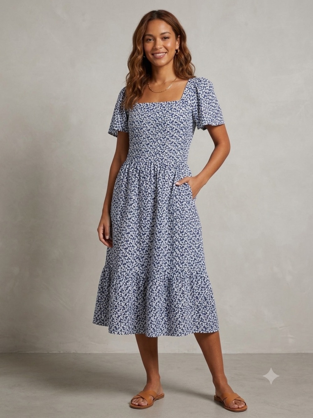 Monteau Navy and White Floral Smocked Square-Neck Midi Dress, Women’s Size Large